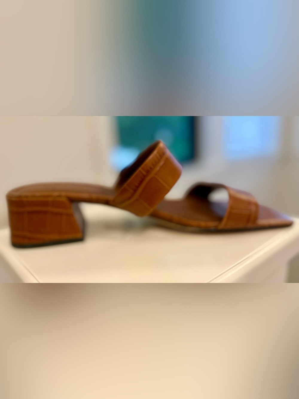 Marc Fisher LTD Cognac Croc Embossed Block Heel Slide Sandals Women’s Size 9 New - Picture 7 of 9